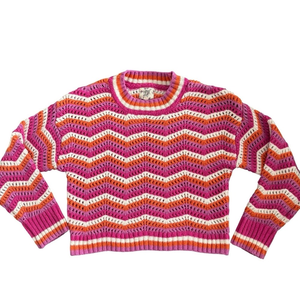 Hippie Rose Pink Orange Crochet Chevron Cropped Sweater 90s Y2K Vibe Sz. Medium